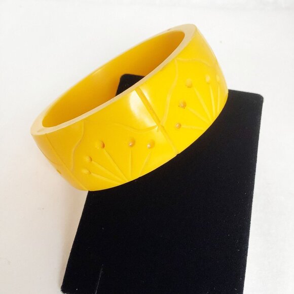 Carved Bangle Bracelet Bright Yellow Wide Thick and Heavy Spring Summer Bracelet - Picture 2 of 6